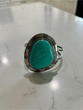Turquoise Stone Silver-Tone Cuff Bracelet - Turquoise